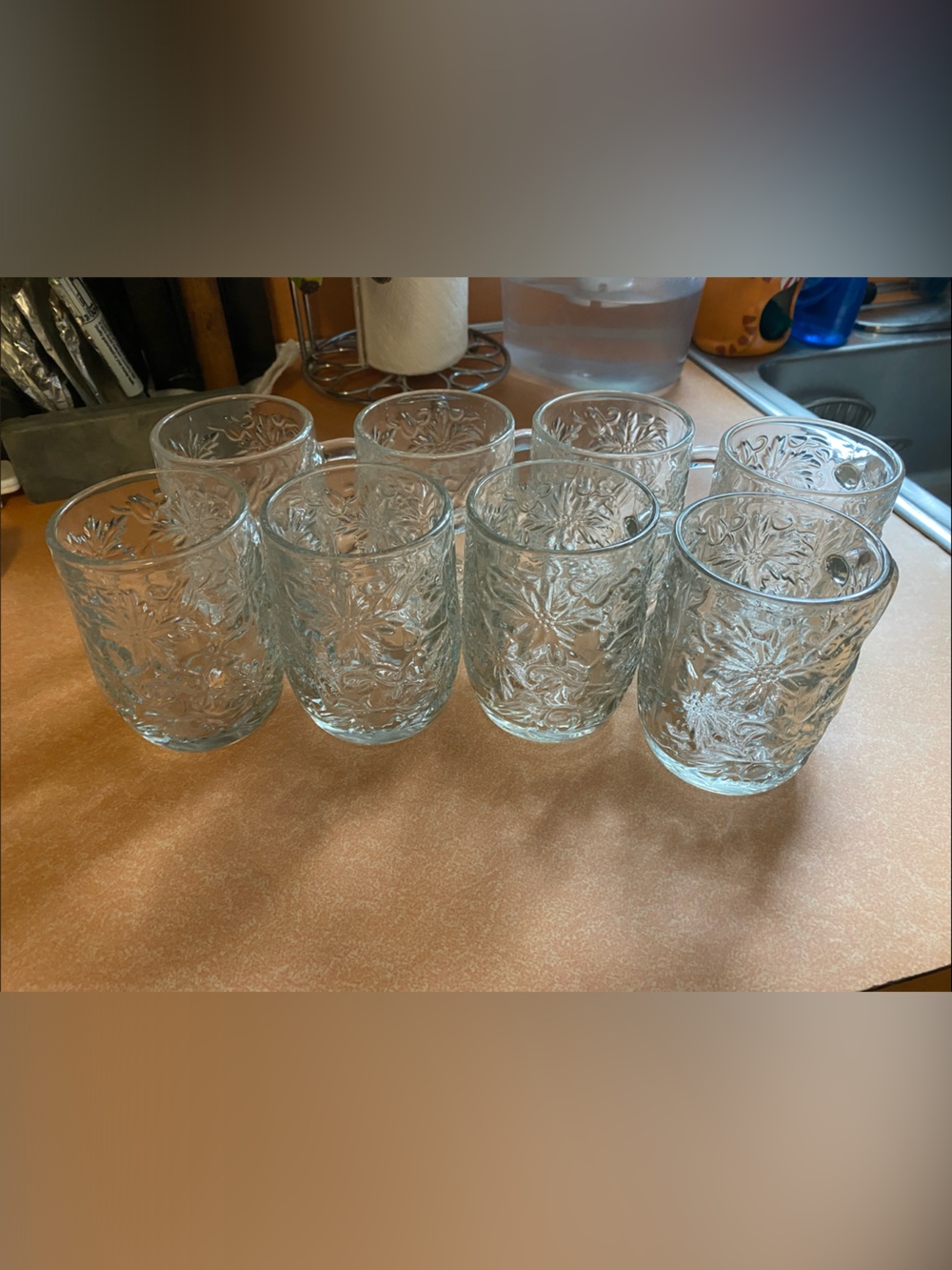 Princess House Clear Floral Embossed Glass Mugs - Set of 8